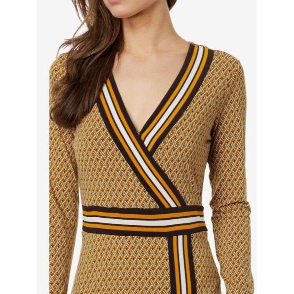 MICHAEL Michael Kors Tan Patterned Wrap Midi Dress with Black and White Stripes - Picture 3 of 11